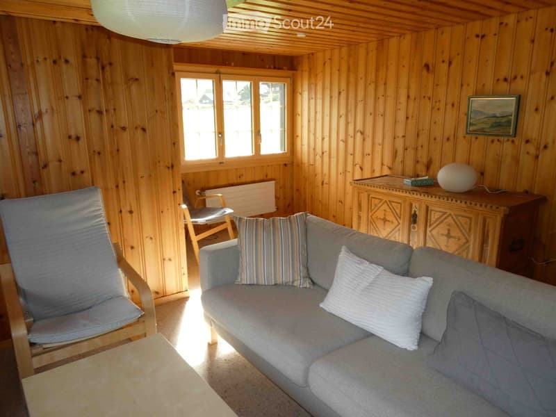 Cozy living room with wooden walls and ceiling, featuring a grey sofa with colorful pillows, a wooden chair, a small table with a lamp, and a picture frame on the wall.