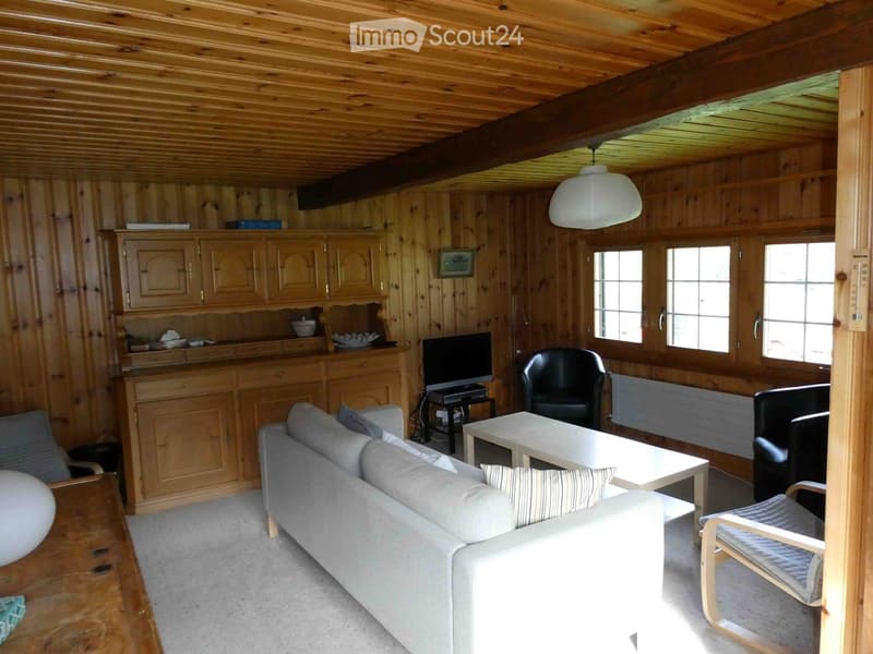 Cozy living room with wooden walls and ceiling, featuring a grey sofa, coffee table, chairs, and a wooden cabinet with glass doors.