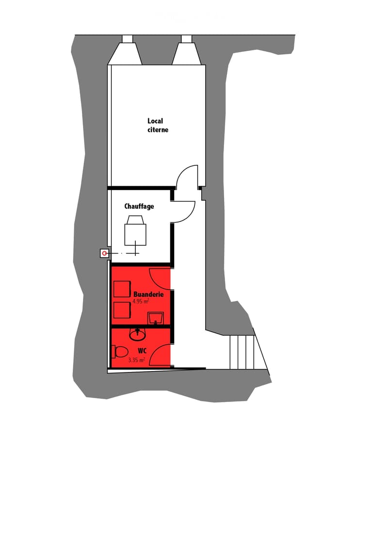 Layout includes a local well, heating room, laundry room, and WC.