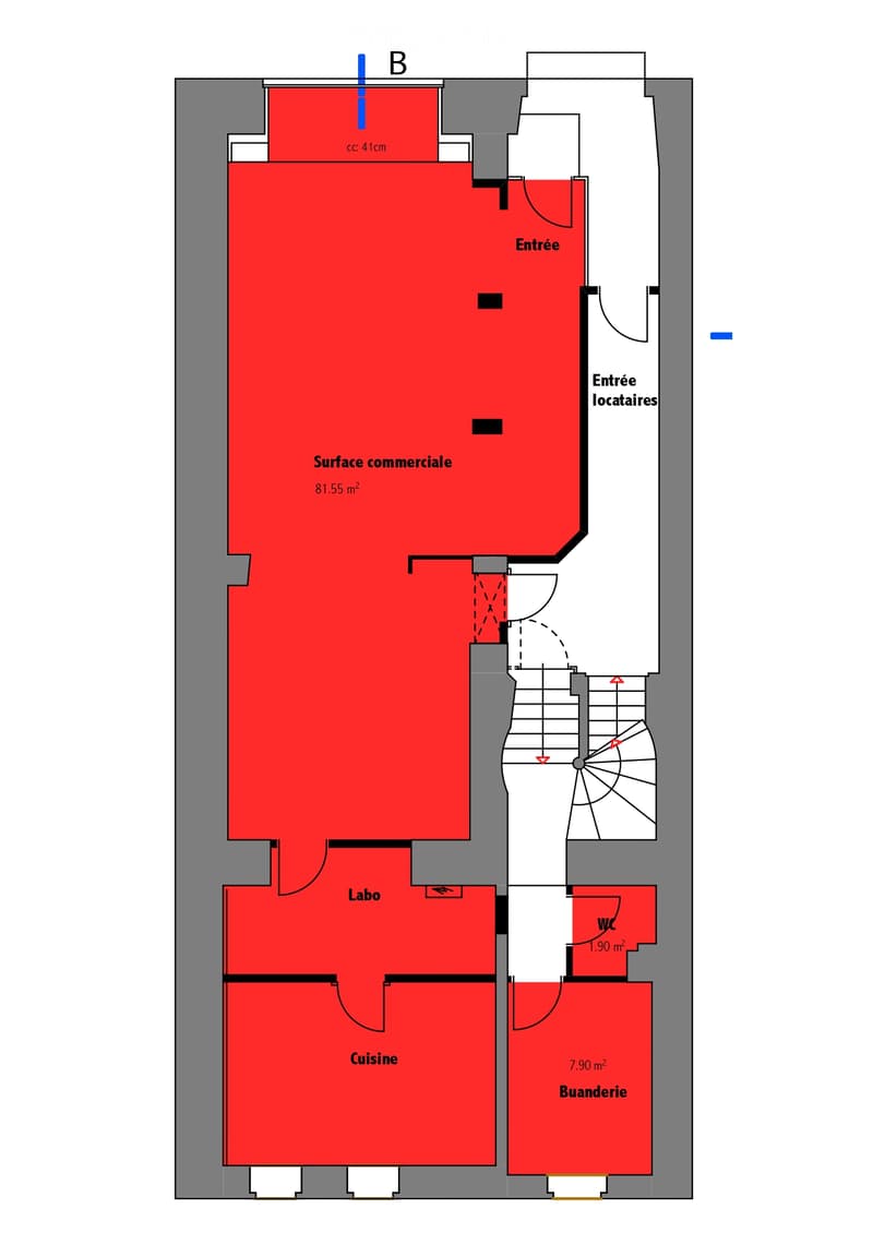 Floor plan showing a commercial space with an entrance, lab, kitchen, storage, and WC.