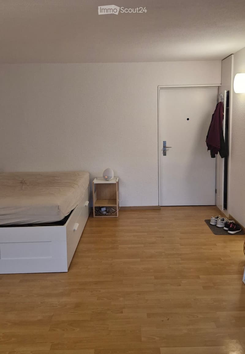 Minimalist bedroom with a wooden floor, a single bed with a white frame, a small nightstand with a lamp, and a few pairs of shoes near the door.
