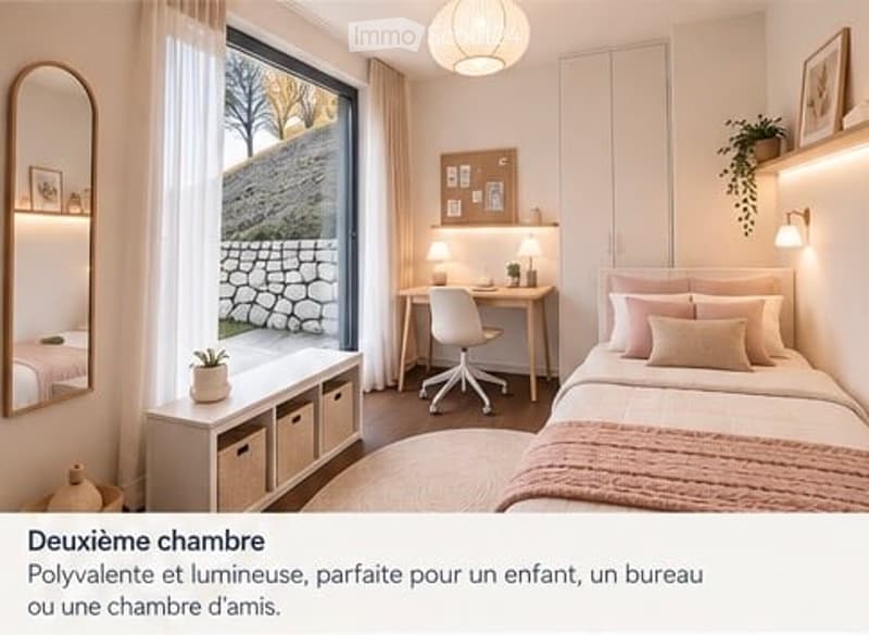 Bright and airy bedroom with a double bed, desk, chair, large window with a view, and decorative elements like a mirror and potted plant.