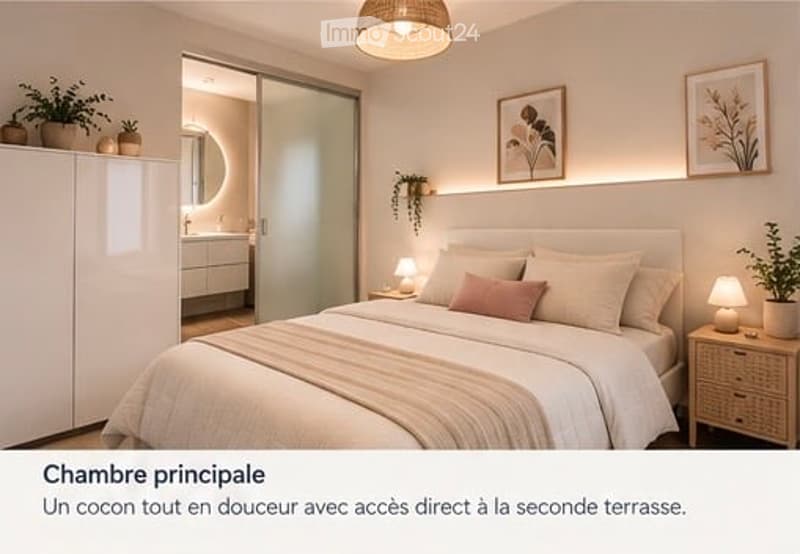 Modern bedroom with a large bed, nightstands, lamps, a wardrobe, and a mirror in the adjacent bathroom. The room features a neutral color palette with decorative plants and artwork.