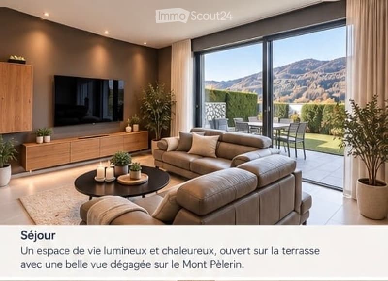 Modern living room with large windows offering a scenic mountain view, featuring a grey sectional sofa, coffee table, TV, sideboard, and potted plants.