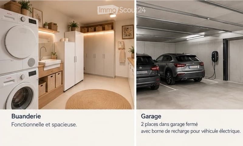 Left side shows a functional laundry room with a washing machine, sink, cabinets, and storage bins. Right side displays a modern underground garage with two parking spaces for cars, including an electric vehicle charging station.