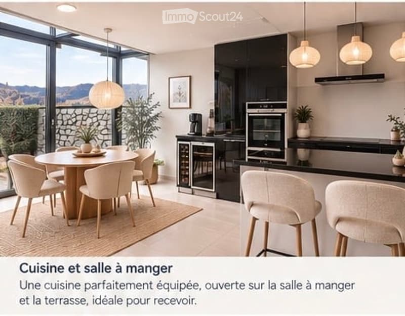 Modern kitchen and dining area with large windows offering a scenic view, equipped with a dining table, chairs, kitchen island, oven, wine cooler, pendant lights, and decorative plants.
