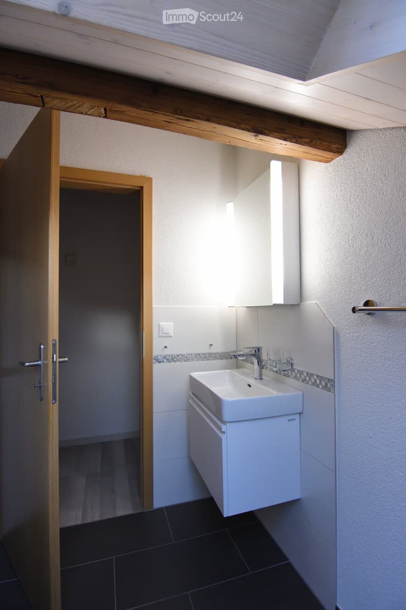 Modern bathroom with white sink, chrome faucet, mirror, and dark tiled floor. Wooden door visible on left.