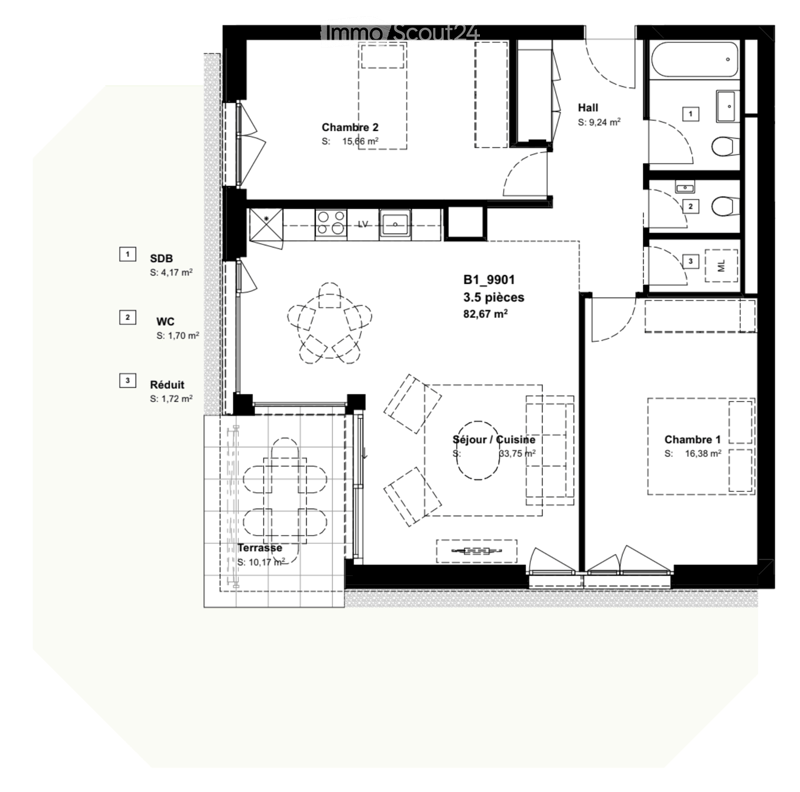 Floor plan of a 3.5-room apartment with a living/dining area, kitchen, two bedrooms, bathroom, WC, hallway, and a terrace.