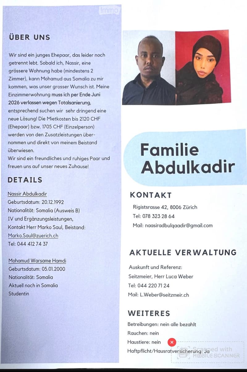 Document page with personal and contact information for a family, including names, dates of birth, nationalities, contact details, and administrative information.