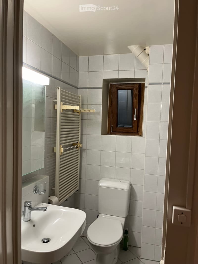 Modern bathroom with white tiles, a sink with a chrome faucet, a toilet, a radiator, and a small window with wooden frame.