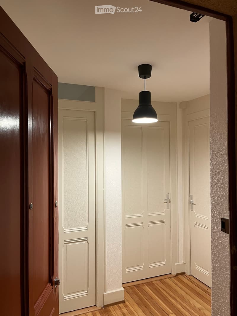 A narrow hallway with wooden flooring, white walls, and several closed doors. A single pendant light hangs from the ceiling, providing illumination.