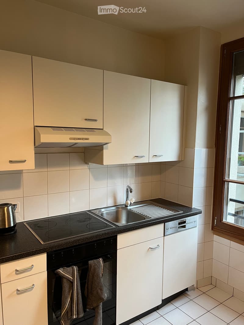 Modern kitchen with white cabinets, black countertops, stainless steel sink, electric stove, dishwasher, and a window.