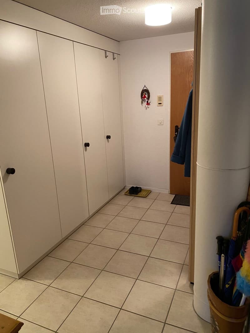 A narrow hallway with tiled flooring, white walls, and built-in white cabinets on one side. A wooden door leads to another room, with a small mat and a coat rack visible.