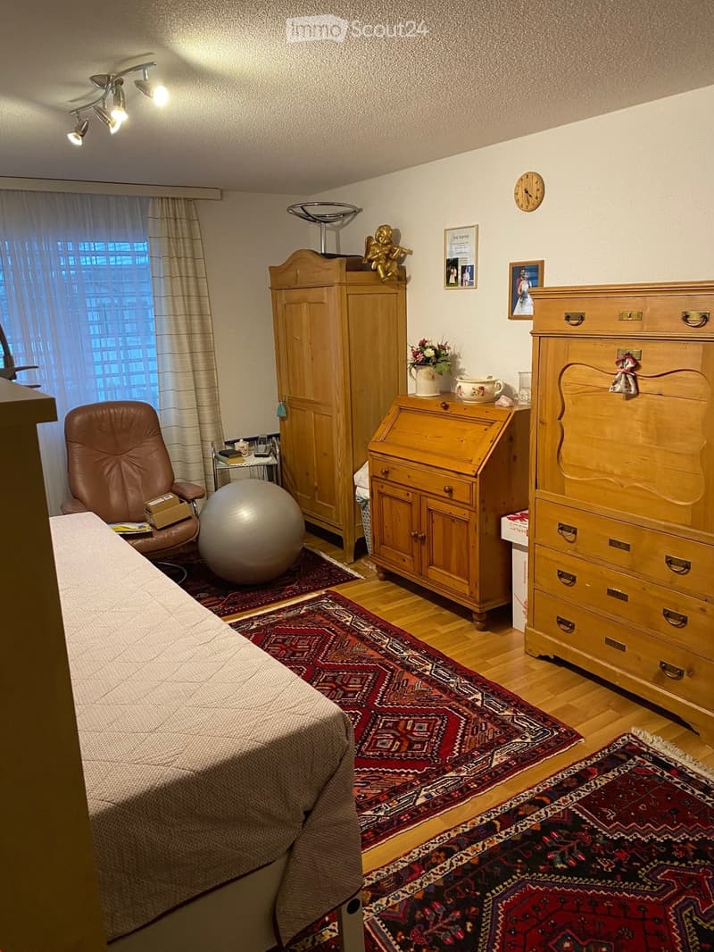 A well-furnished bedroom with a bed, a leather chair, a large wooden cabinet, a wooden desk, a round ball, and patterned rugs on the floor.