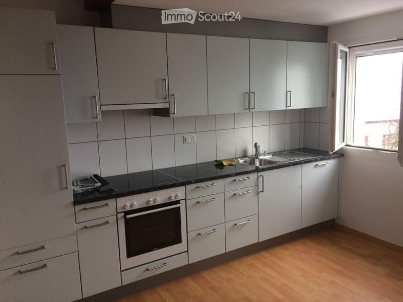Modern kitchen with grey cabinets, stainless steel appliances, and a black countertop.