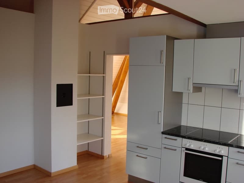 Modern kitchen with light grey cabinets, a stove, an oven, and a shelf unit. The space features wooden flooring and a slanted ceiling with wooden beams.