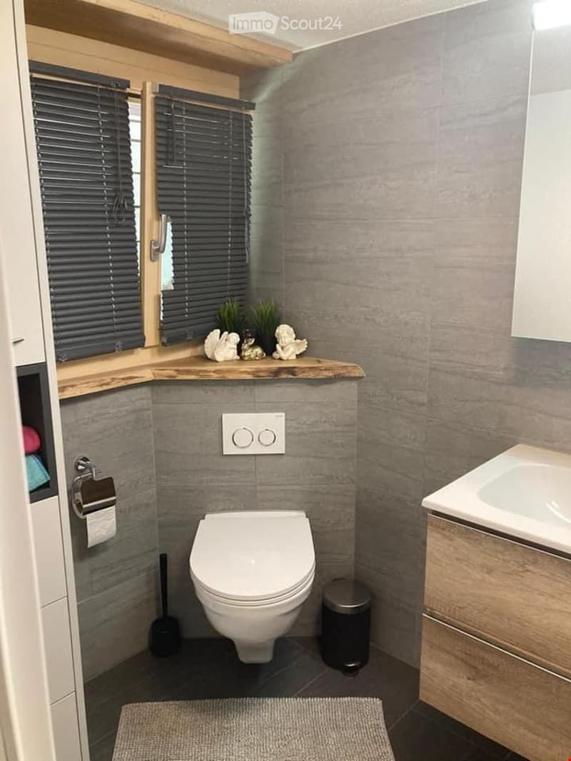Modern bathroom with grey tiled walls, a toilet, a sink with a wooden countertop, a mirror, a toilet paper holder, a small trash bin, and decorative plants on the shelf.