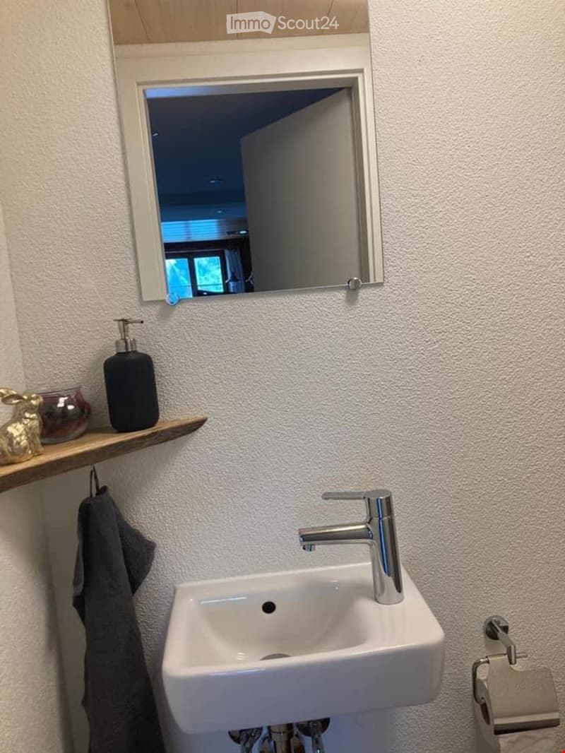 Modern bathroom with a white sink, chrome faucet, mirror above, wooden shelf with soap dispenser and decorative items, and a towel hanging on a hook.