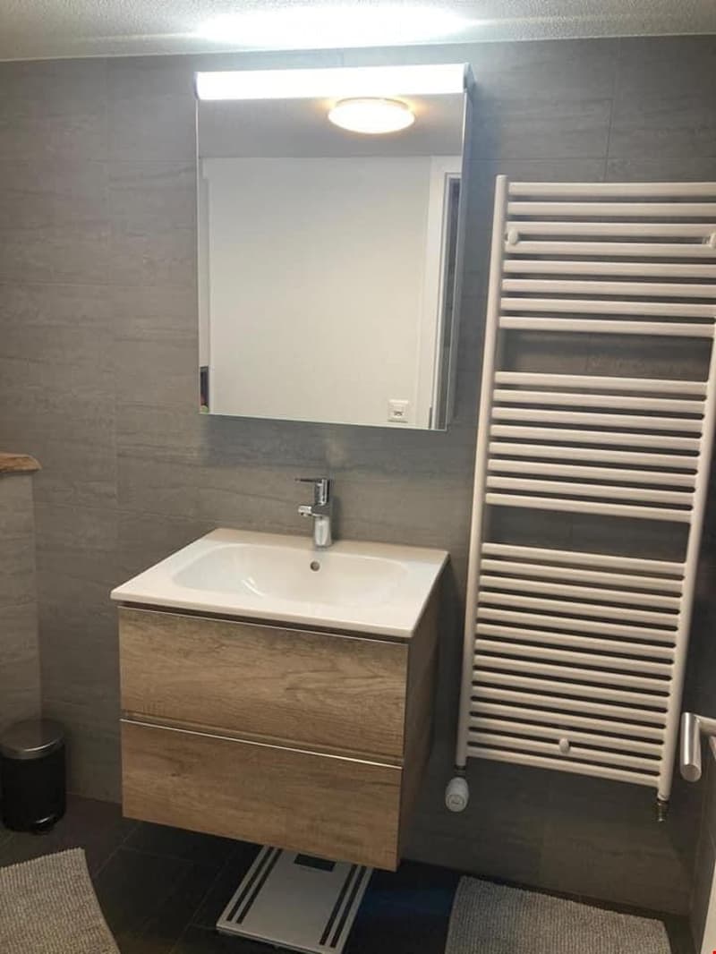 Modern bathroom with a wooden vanity, white sink, large mirror, and a white radiator.