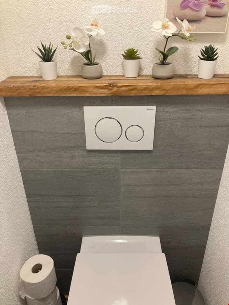 Modern bathroom with a sleek wooden shelf above the toilet, holding small potted plants and a decorative picture. The wall features a stylish, grey tile design with a contemporary light switch panel.