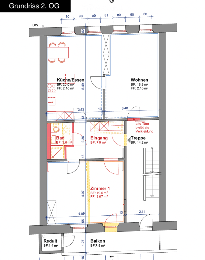 Floor plan of the second floor showing a kitchen/dining area, living room, bathroom, entrance, hallway, bedroom, and balcony.