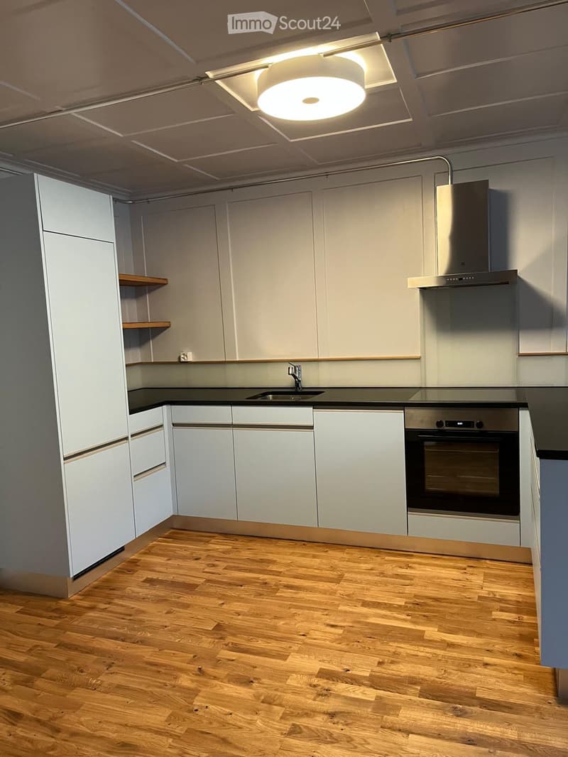 Modern kitchen with light grey cabinets, wooden flooring, stainless steel appliances including a sink, oven, and range hood.