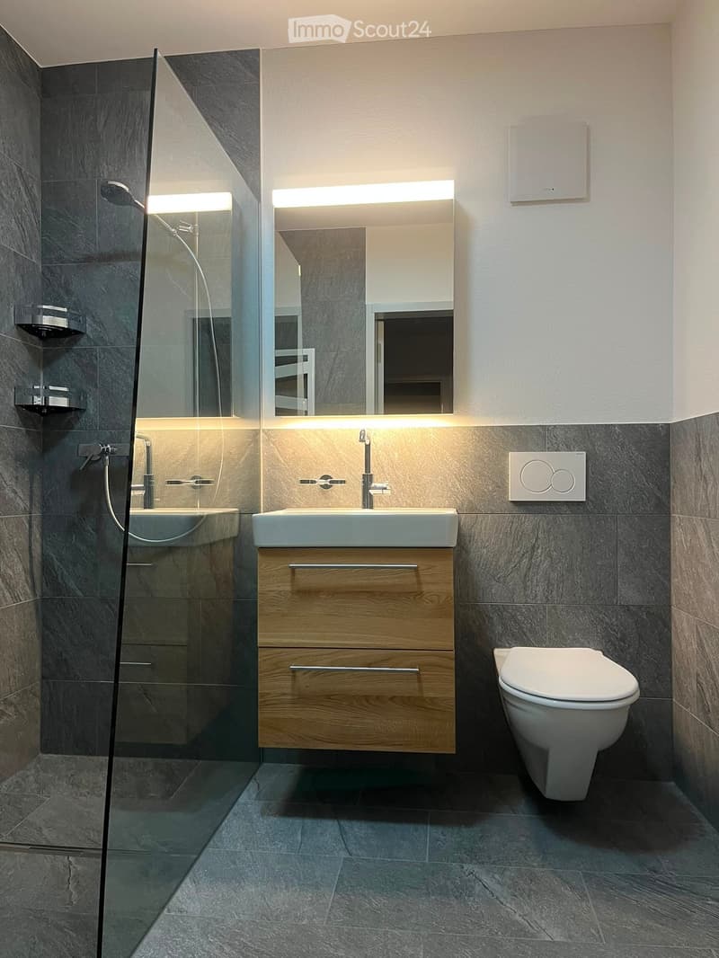 Modern bathroom with dark grey tiles, a wooden vanity with a sink, a toilet, a large mirror with LED lighting, and a glass-enclosed shower area.