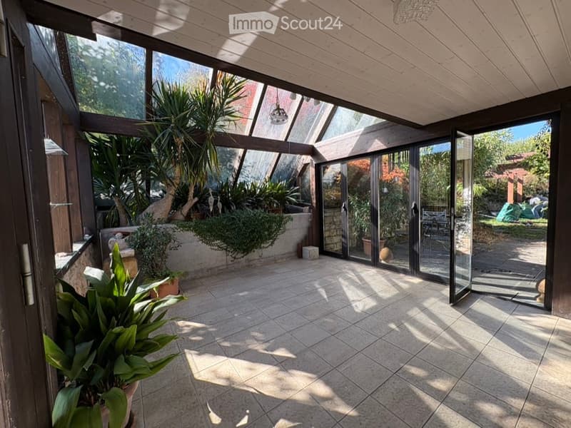 Bright, enclosed patio with large glass walls and ceiling, tiled floor, and various potted plants, including tall leafy greens and smaller shrubs. The space is well-lit with natural light and features a wooden ceiling and glass doors leading to an outdoor