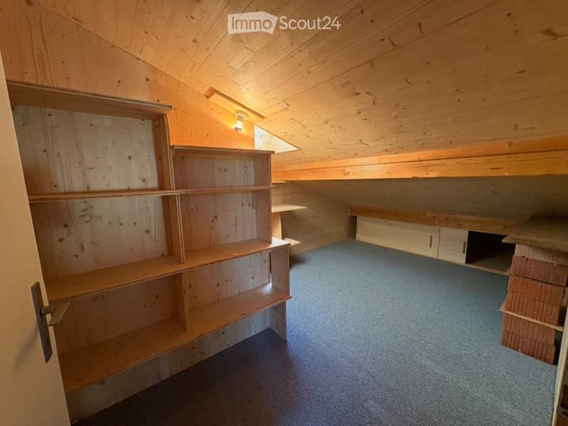 An attic space with wooden walls and ceiling, built-in wooden shelves, and a small built-in cabinet. The floor is carpeted in blue.