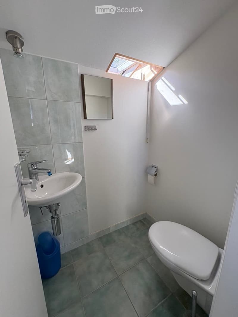 Modern bathroom with white tiled walls, a sink with a chrome faucet, a toilet, a mirror with a built-in shelf, and a small window letting in natural light.