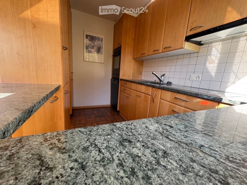 Modern kitchen with wooden cabinets, granite countertops, and a sink with a faucet. A picture frame is mounted on the wall.