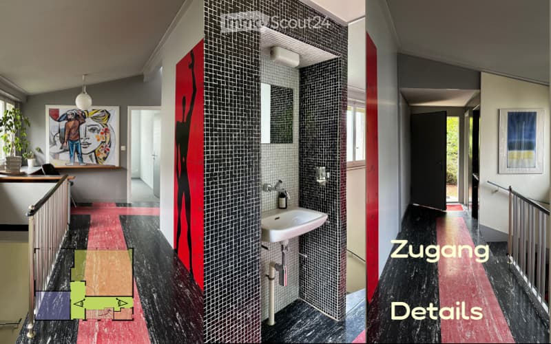 3 images of hallway, with bathroom visible between left and middle image