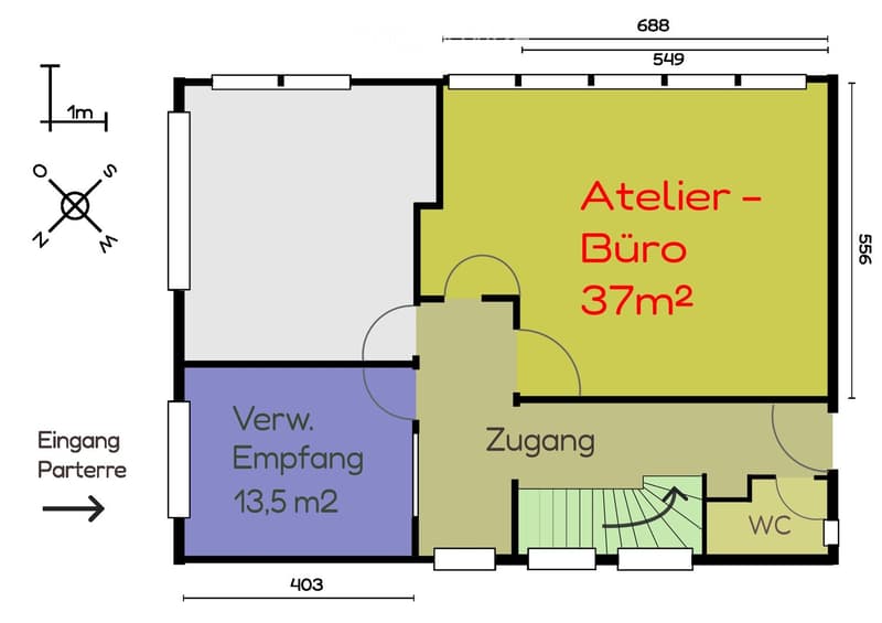 Main areas are entrance, studio, office, storage, and toilet; Studio size is 37m2, entrance size is 13.5m2; measurements are in cm