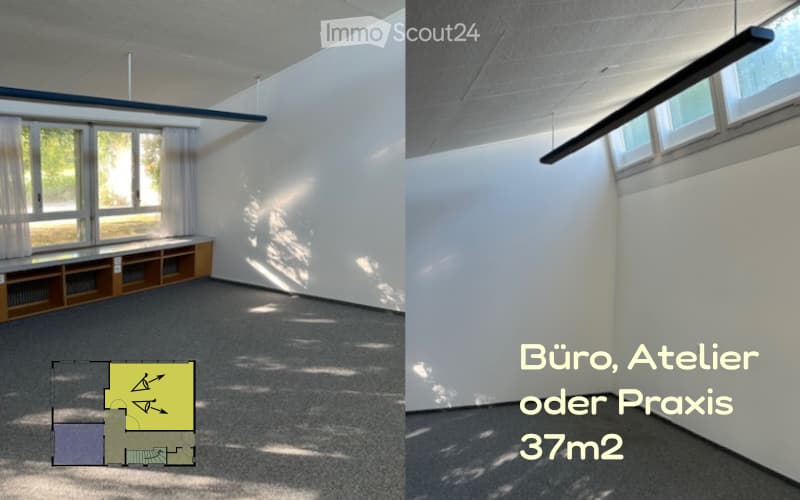 Empty room with white walls, gray floor, and ceiling. There are two large windows with white curtains and a bench against the wall. Additionally, there is a yellow diagram with the text 'Bur, Atelier oder Praxis 37m2' in the corner.