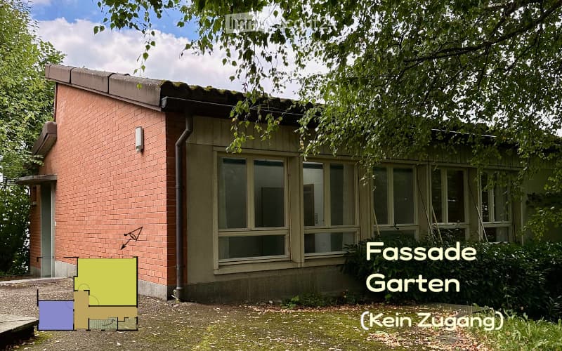 Brick exterior, slanted roof, large windows, exterior light, no visible access to the garden