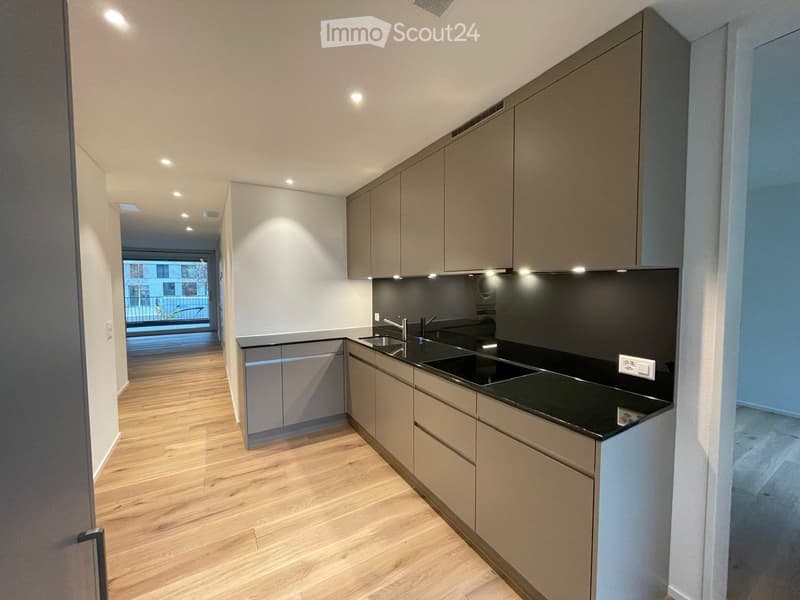 Modern kitchen with light wood flooring, grey cabinets, and a black countertop. Features a double sink with a modern faucet and built-in lighting above the cabinets.