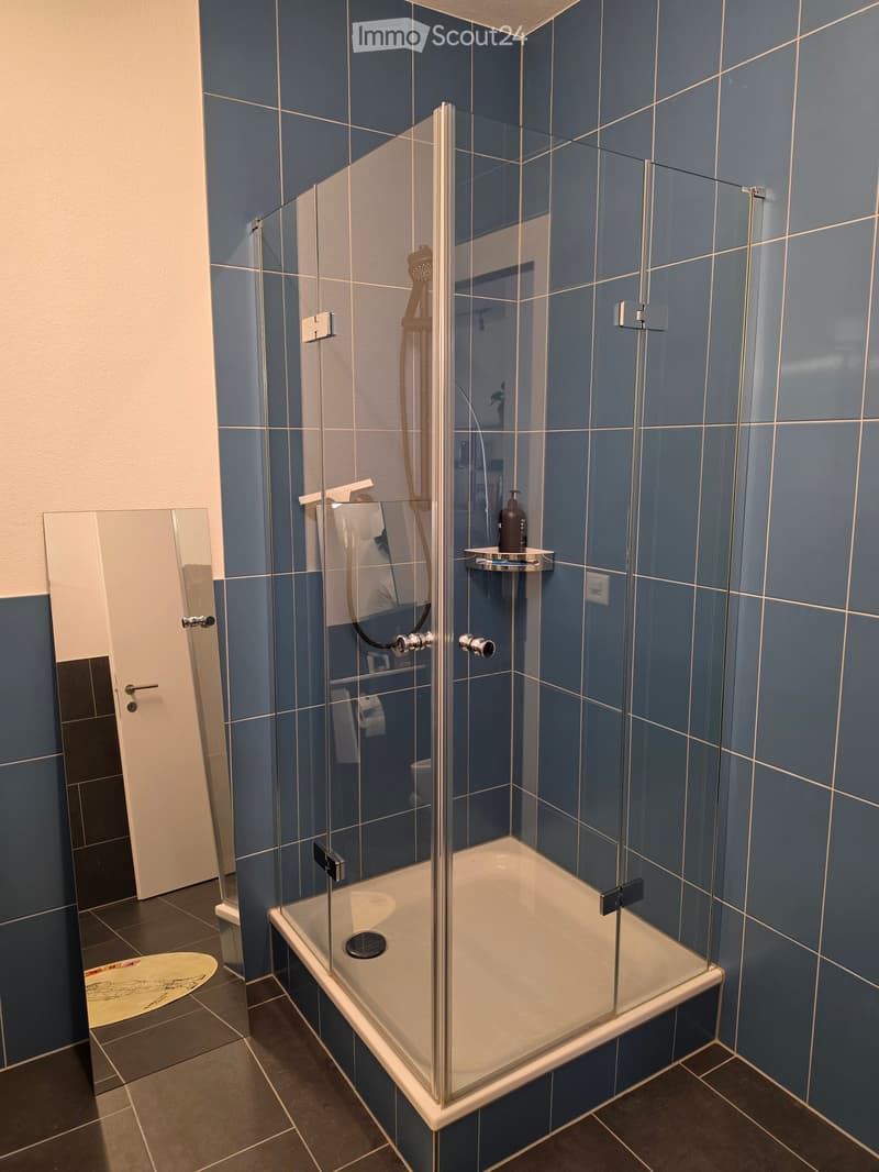 Modern bathroom with a bathtub enclosed by a glass shower enclosure, blue tiled walls, and a dark tiled floor. A showerhead is mounted on the wall, and a small shelf holds a bottle.