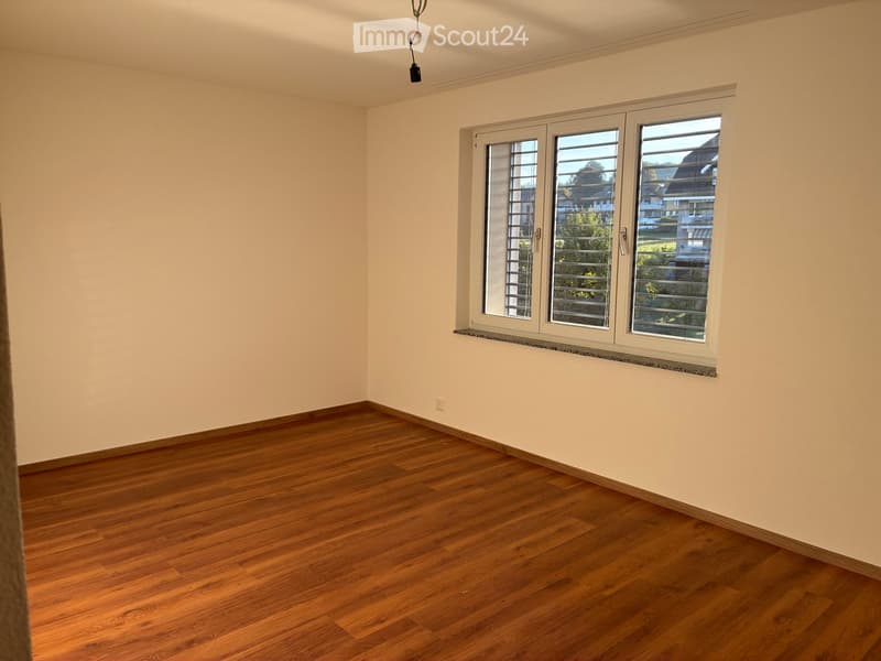 Empty room with wooden flooring and large windows, featuring white walls and a simple ceiling light fixture.