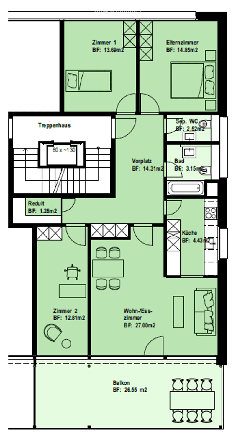 Floor plan of a 3-room apartment with a living-dining room, two bedrooms, kitchen, bathroom, hallway, and balcony.