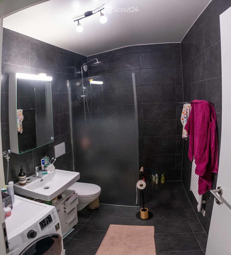 Modern bathroom with dark tiled walls and floor, featuring a sink, toilet, shower, mirror, and washing machine. A pink towel hangs on a rack, and toiletries are placed on the sink counter.