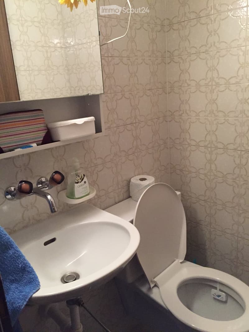Bathroom with a white sink, faucet, toilet, and a towel on the side. There is a soap dispenser and a shelf with a container and a striped towel.