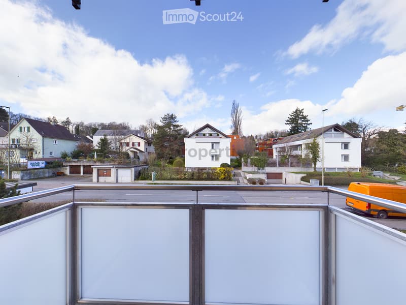 Balcony overlooking a residential area with houses, trees, and a parked van.