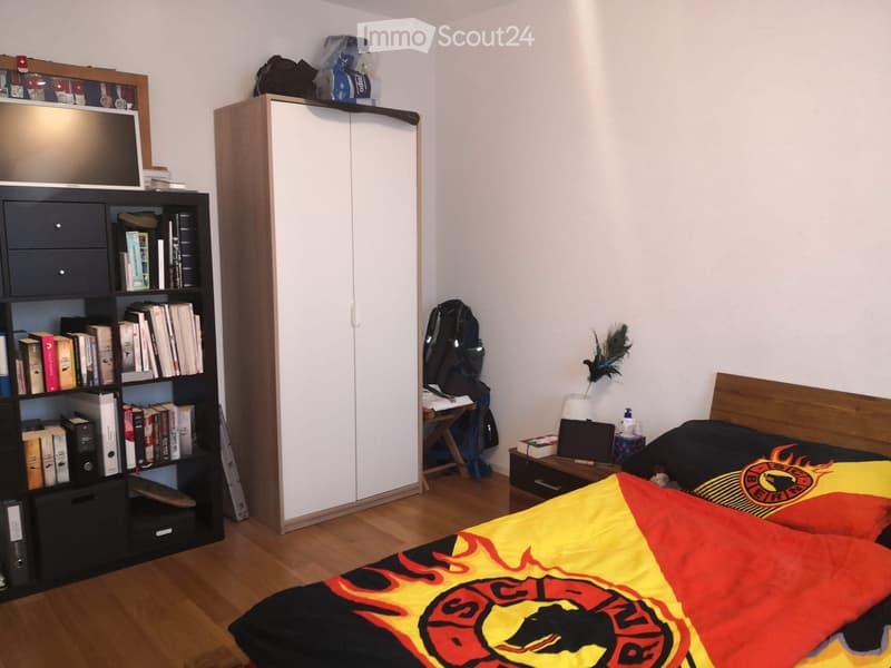 Bedroom with bed, cabinet, bookshelf, desk, backpack, feather, TV, books, files, and a framed picture