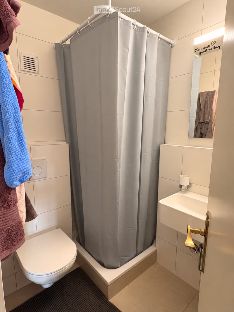 Modern bathroom with a toilet, shower curtain, sink, and mirror. Towels are hanging on the wall.
