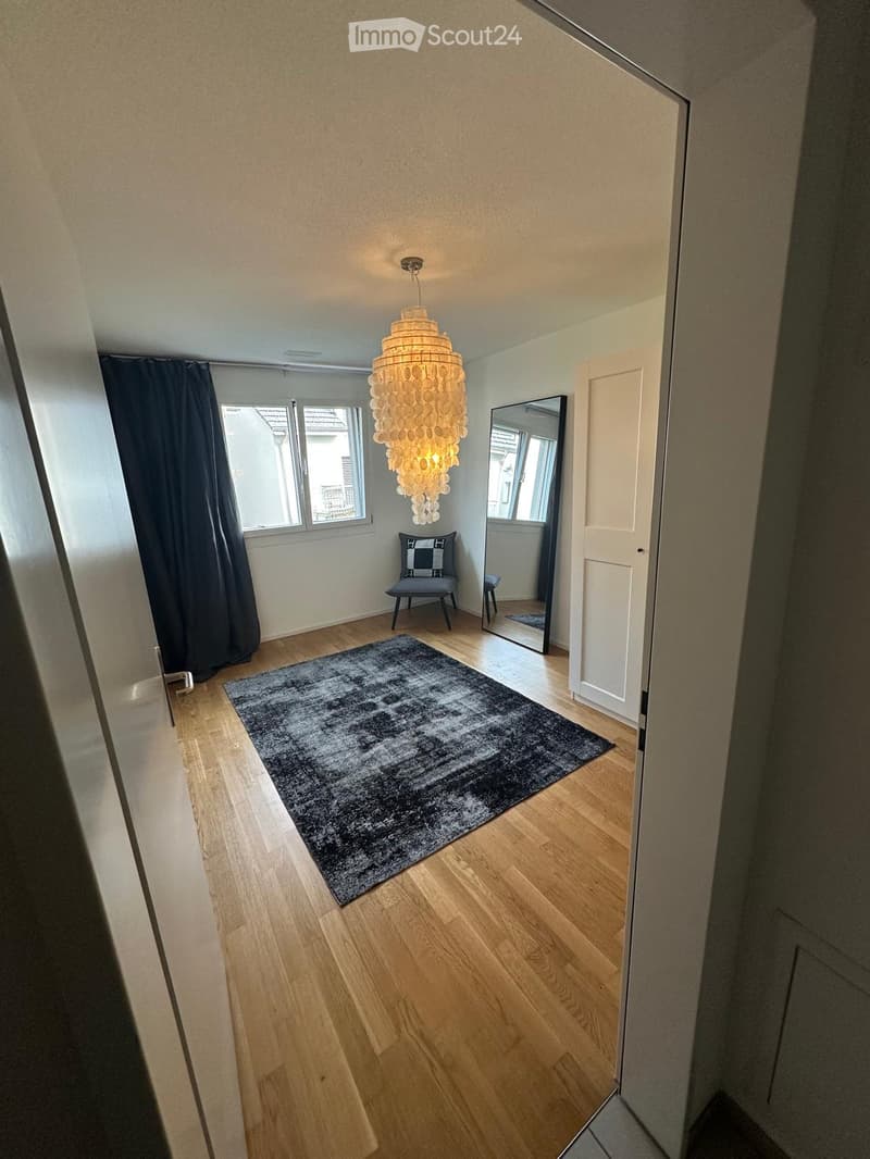 A modern hallway with wooden flooring, a large dark rug, a chandelier, a chair, and a mirror.