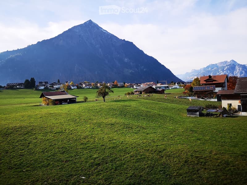 A peaceful rural landscape with green fields, scattered houses, grazing cows, and a prominent mountain in the background.