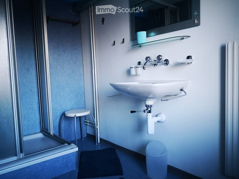 Modern bathroom with a white sink, chrome faucet, glass shelf, mirror, small stool, and a shower area with a glass door.