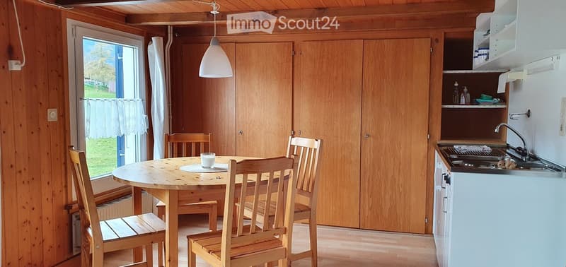 Cozy wooden-paneled room with a round wooden dining table, four wooden chairs, a hanging pendant light, and a small kitchen area with a sink, faucet, and built-in cabinets.