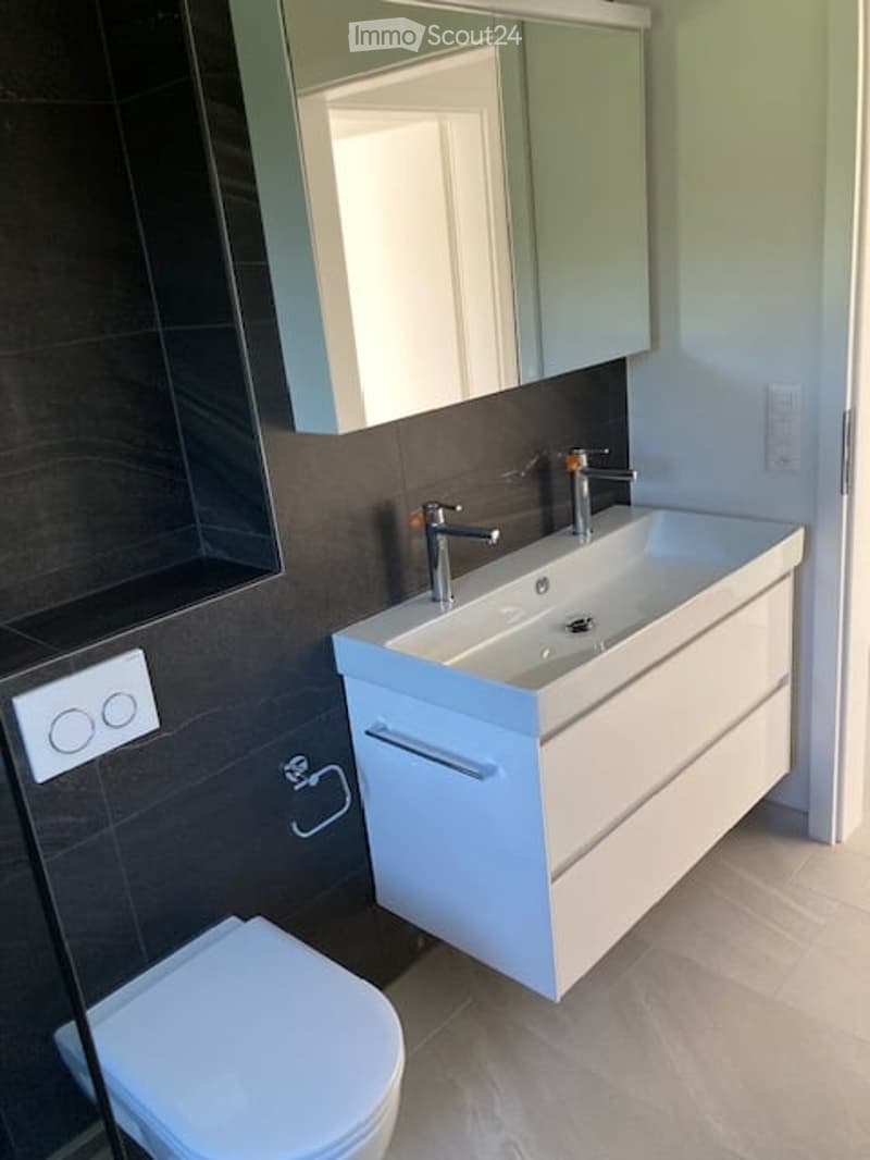 Modern bathroom with a white sink, dual faucets, a large mirror, and a toilet. The walls are tiled in dark gray and light green.