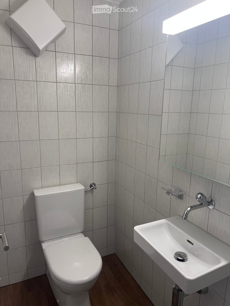 Modern bathroom with white tiled walls, a toilet, a sink with a chrome faucet, a mirror, and a light fixture above the mirror.